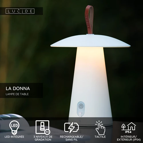 Lucide LA DONNA - Lampe de table Rechargeable Intérieur/Extérieur - Batterie/Piles - Ø 19,7 cm - LED 3 StepDim - 1x2W 2700K - IP54 - Blanc - USP